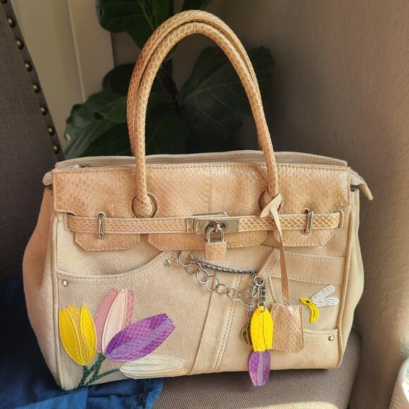 Vntg Tosca Blu Designer Purse Bag Italy Leather Floral Snake Skin Tulip‎ Beaded - Picture 1 of 14